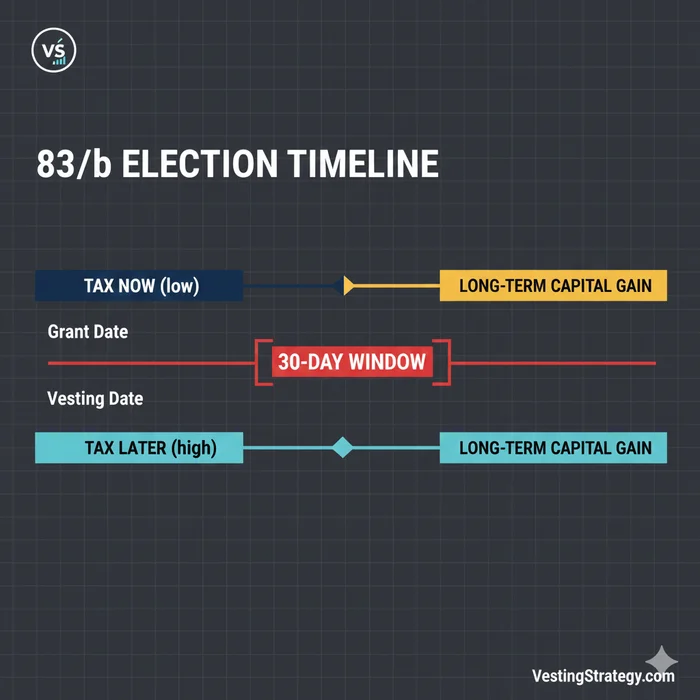 Section 83(b) Election Timeline showing the 30-day filing window from grant date, comparing tax implications: filing early results in low tax now plus long-term capital gains later, while missing the deadline means high ordinary income tax at vesting