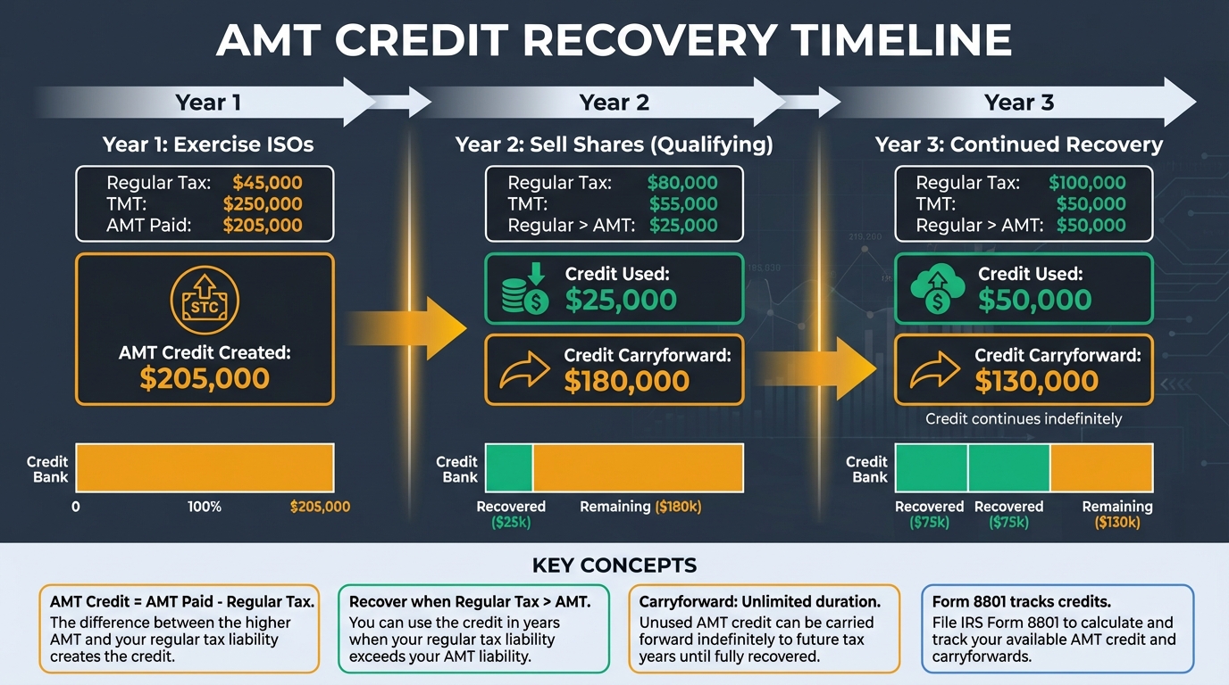 AMT credit recovery timeline showing Year 1 ISO exercise creating AMT credit, Year 2 qualifying disposition sale triggering credit recovery, and multi-year carryforward strategy. Visual representation of Form 8801 credit utilization.