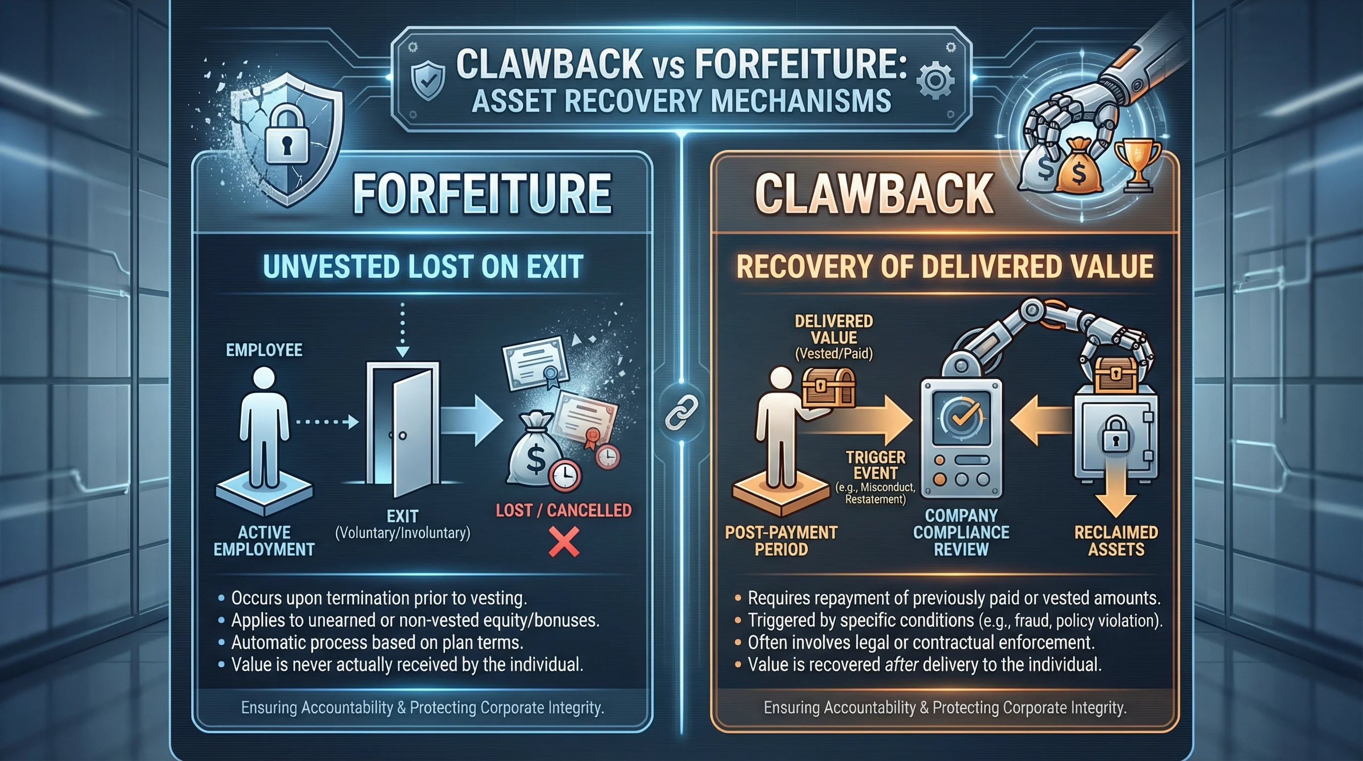 Clawback versus forfeiture: unvested forfeiture compared to recovery of delivered compensation