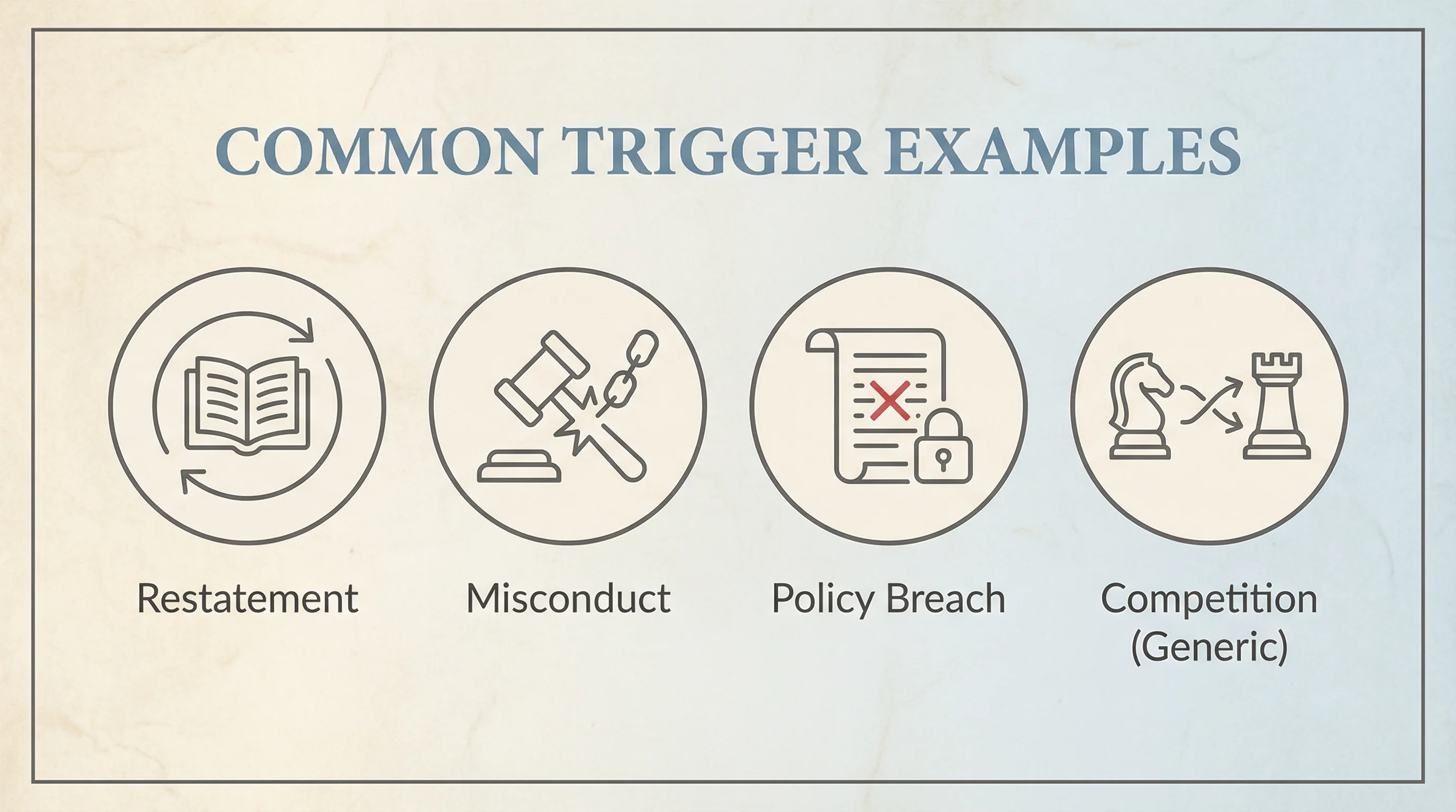 Examples of clawback trigger categories: restatement, misconduct, policy breach, competition concepts