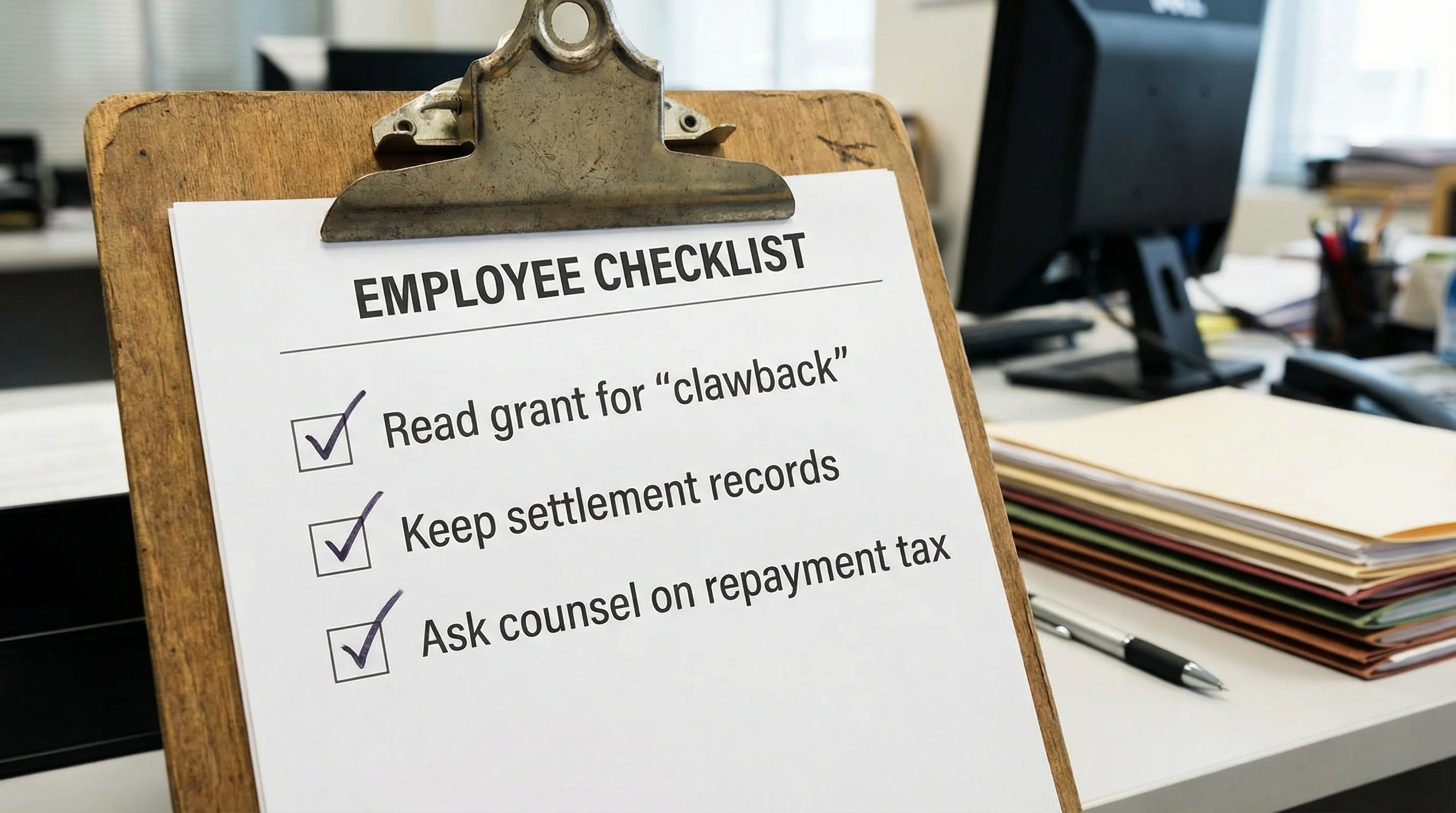 Employee checklist: read grant for clawback language, keep settlement records, consult counsel on repayment tax issues