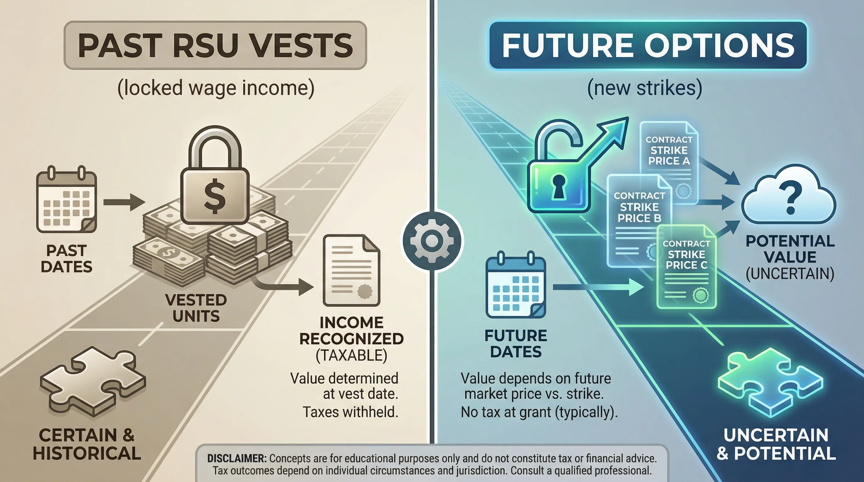 Past RSU vesting versus future option grants after a 409A reset: wage income timing versus new strike prices