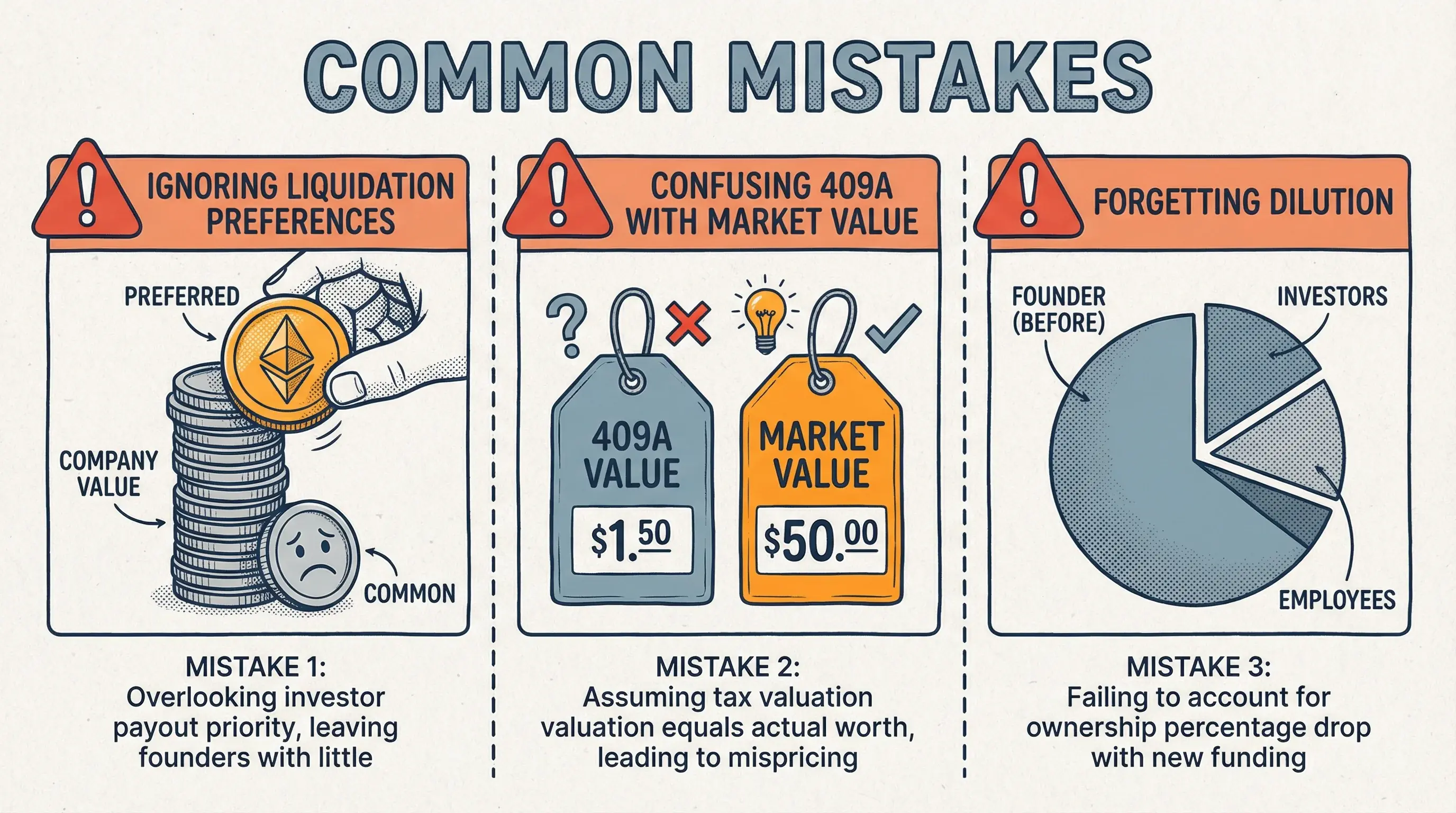 Common mistakes when valuing startup equity: ignoring liquidation preferences, confusing 409A with market value, forgetting dilution