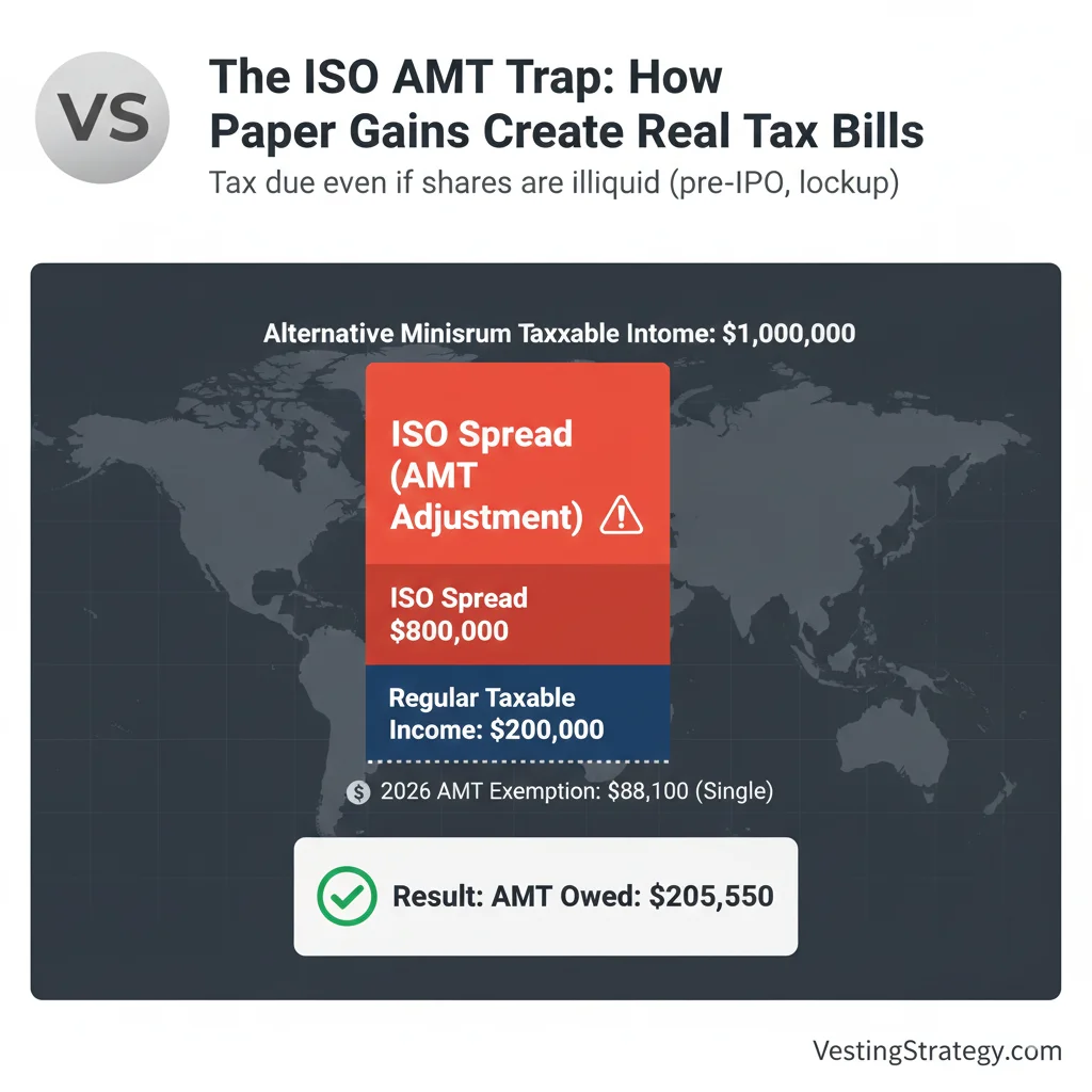 ISO vs NSO stock options tax timeline infographic showing when taxes are due: ISOs have no tax at grant, vest, or exercise (only AMT), with capital gains at sale if qualified. NSOs have no tax at grant or vest, but ordinary income tax up to 37% at exercise, then capital gains on appreciation since exercise.