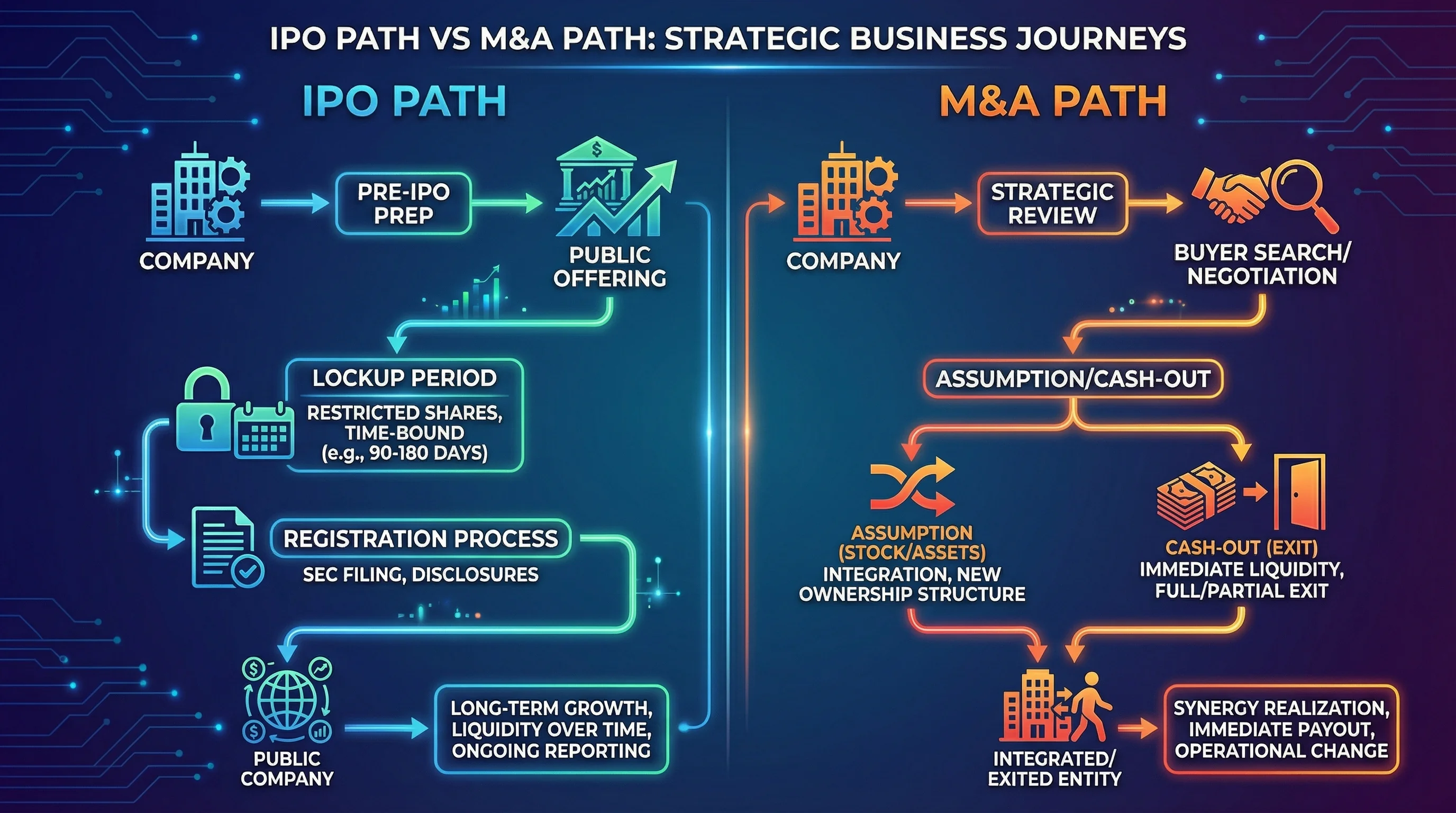 IPO path versus M&A path for RSUs: lockup and registration compared to assumption or cash-out