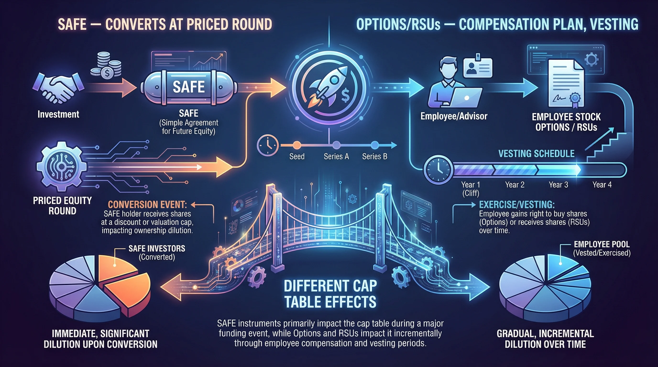 Infographic contrasting SAFE convertible instruments with employee stock options and RSUs on the cap table