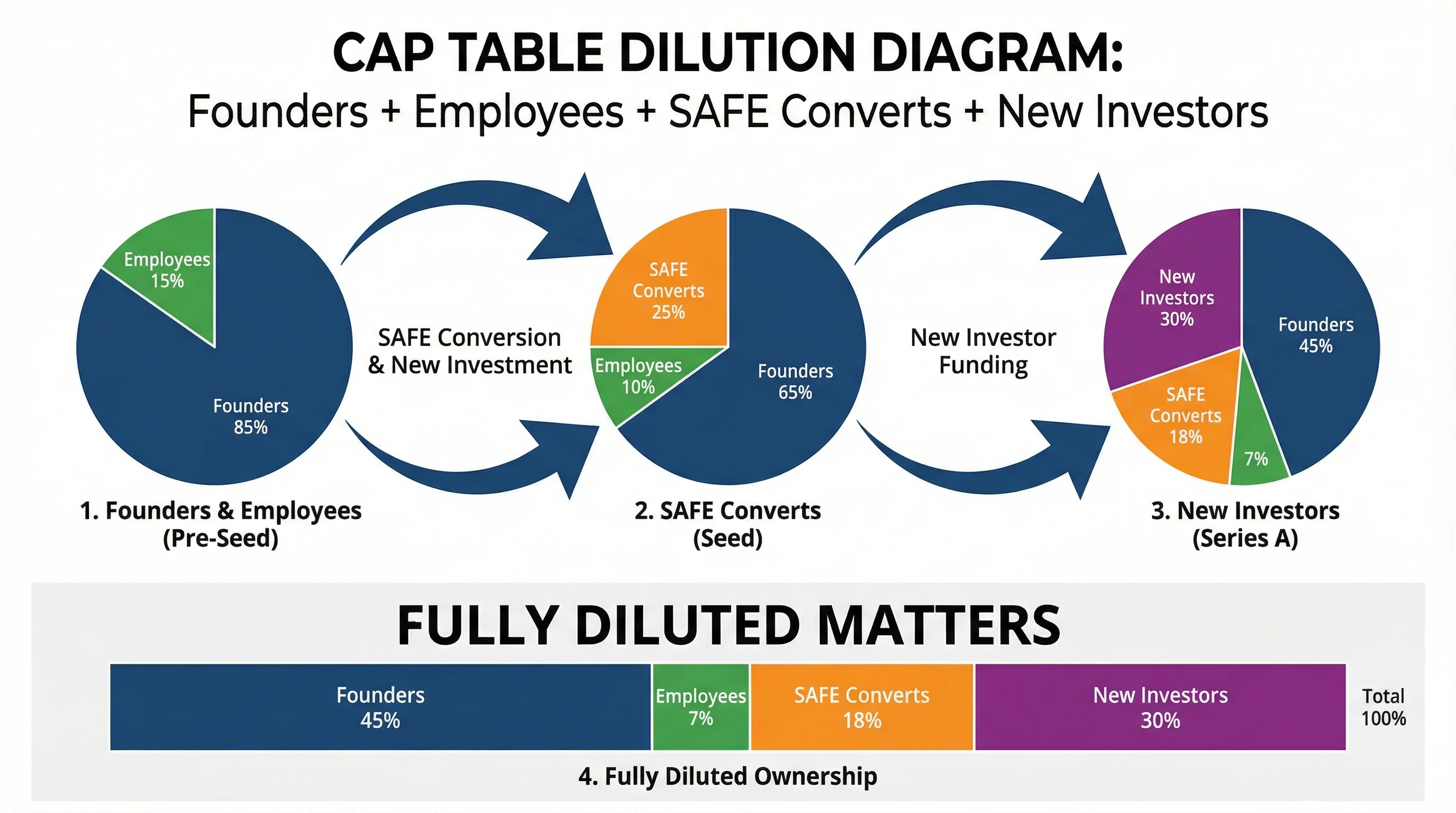Cap table dilution diagram showing founders, employees, SAFE conversion, and new investors